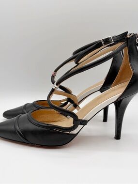 LAMB Gwen Stefani Y2K Leather Pointed Toe Black Leather Ankle Strap Heels Sz 7.5